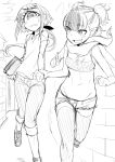  2girls :d bangs blunt_bangs blush book bra brick_wall cyclops extra_arms eyelashes fang greyscale holding_hands long_hair midriff monochrome multiple_girls navel one-eyed open_mouth original pants pants_rolled_up perspective pointing pointing_at_viewer running scarf shirt shoes shorts sketch smile sneakers soropippub sweatdrop thigh-highs underwear 