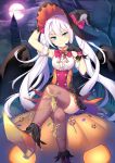  1girl alexmaster black_gloves black_hat blue_eyes brown_legwear crossed_legs gloves hair_ribbon halloween hat highres long_hair looking_at_viewer moon night original outdoors pumpkin red_ribbon ribbon silver_hair sitting solo thigh-highs twintails witch_hat 