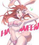  1girl 2016 ;d animal_ears armpits bangs bare_shoulders bikini breasts brown_eyes brown_hair bunny_print bunny_tail chichinote contrapposto covered_nipples cowboy_shot d.va_(overwatch) dated eyelashes facepaint facial_mark fingernails groin halloween hand_to_head hand_up happy_halloween heart highres kemonomimi_mode legs_together long_fingernails long_hair looking_at_viewer medium_breasts midriff nail_polish navel one_eye_closed open_mouth overwatch pink_bikini pink_nails rabbit_ears shiny shiny_clothes shiny_skin short_eyebrows simple_background smile solo spoken_heart star star-shaped_pupils stomach strap_gap string_bikini swimsuit symbol-shaped_pupils tail teeth under_boob whisker_markings white_background 