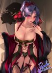  1girl 2016 absurdres bat_print bat_wings black_panties blue_hair blush breasts cleavage crescent crotch_zipper flower front-tie_top garter_straps hair_flower hair_ornament halloween head_wings highres large_breasts long_hair looking_at_viewer navel open_clothes open_mouth original panties red_eyes red_rose rose ryuki@maguro-ex signature solo spider_web_print thigh-highs underwear veins veiny_breasts wide_sleeves wings zipper 