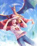  :&lt; artist_name bare_arms baseball_cap blue_pants blue_sky brown_eyes brown_hair character_name charizard closed_mouth clothes_writing clouds copyright_name day falling_leaves frown half-closed_eyes hand_on_another&#039;s_head hand_on_headwear hat light_particles male_focus motion_blur number pants pikachu pokemon pokemon_(creature) pokemon_(game) pokemon_sm raglan_sleeves red_(pokemon) red_(pokemon)_(sm) red_cape shade shirt short_sleeves shuryukan sky stomach t-shirt wind 