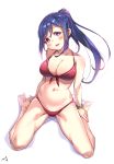  1girl absurdres barefoot bikini blue_hair blush bracelet breasts cleavage front-tie_bikini front-tie_top hand_on_foot head_tilt highres jewelry joptr06 large_breasts long_hair long_ponytail looking_at_viewer love_live! love_live!_sunshine!! matsuura_kanan midriff navel ponytail red_bikini signature simple_background sitting solo swimsuit violet_eyes white_background 