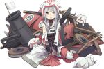  armor blush cannon fang fingerless_gloves flag gloves grey_eyes hat long_hair looking_at_viewer nanashina official_art open_mouth oshiro_project silver_hair sitting white_flag 