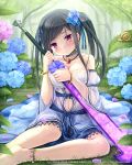  1girl anklet bare_shoulders black_hair blue_flower blue_ribbon bracelet breasts cleavage collarbone detached_sleeves dress eyebrows eyebrows_visible_through_hair flower hair_flower hair_ornament hair_ribbon highres holding holding_sword holding_weapon hydrangea indoors jewelry long_hair looking_at_viewer lost_crusade medium_breasts midriff namaru_(summer_dandy) navel necktie rain ribbon see-through sitting solo strapless strapless_dress sword tears violet_eyes weapon wet wet_clothes wet_hair 