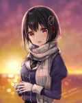  1girl bangs black_eyes black_hair blurry_background blush breath dated dusk gloves haguro_(kantai_collection) hair_ornament hair_ribbon happy_birthday irimo-m jacket jewelry juliet_sleeves kantai_collection long_hair long_sleeves looking_at_viewer necktie ocean open_mouth plaid plaid_scarf puffy_sleeves ribbon ring scarf solo twitter_username upper_body wedding_band white_gloves 