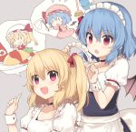  &gt;:o 2girls :d :o :q alternate_costume apron armband ascot bat_wings blonde_hair blue_dress blue_hair blush bow broom bucket chibi collarbone commentary_request detached_wings dress duster enmaided flandre_scarlet flying_sweatdrops food grey_background hair_between_eyes hair_bow hat hat_bow hat_ribbon index_finger_raised ketchup looking_at_another looking_at_viewer maid maid_headdress minigirl mob_cap multiple_girls neck_ribbon no_hat no_headwear omurice open_mouth pink_dress plate puffy_short_sleeves puffy_sleeves red_dress remilia_scarlet ribbon short_hair short_sleeves side_ponytail simple_background smile speech_bubble spoken_person tomato tongue tongue_out touhou waist_apron wings wrist_cuffs yada_(xxxadaman) |_| 