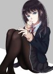  1girl absurdres black_hair black_legwear blazer blue_eyes highres jacket long_hair looking_at_viewer mole mole_under_eye necktie original pantyhose saitou_(lynx-shrike) school_uniform sitting solo 