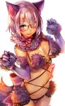  1girl animal_ears bow breasts cleavage elbow_gloves fang fate/grand_order fate_(series) fur-trimmed_gloves fur_collar fur_trim glasses gloves hair_over_one_eye halloween halloween_costume highres large_breasts looking_at_viewer mokyu_(kukoudesu) o-ring_top panties purple_hair red_bow revealing_clothes shielder_(fate/grand_order) short_hair smile solo underwear violet_eyes wolf_ears 