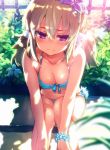  1girl bikini blonde_hair blue_bikini blush breasts ccc cleavage flower front-tie_top kafuru_(senran_kagura) long_hair looking_at_viewer low_twintails medium_breasts senran_kagura senran_kagura_(series) senran_kagura_estival_versus sitting solo swimsuit twintails violet_eyes 