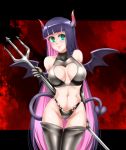  1girl aqua_eyes bat_wings cleavage_cutout demon_girl demon_tail elbow_gloves gloves heart heart-shaped_pupils horns lips long_hair looking_at_viewer midriff navel panty_&amp;_stocking_with_garterbelt polearm purple_hair smile solo standing stocking_(psg) succubus symbol-shaped_pupils tail thigh-highs trident twrlare very_long_hair weapon wings 