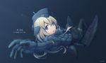 1girl blonde_hair blue_eyes character_name commentary_request cropped_jacket gloves hat highres kantai_collection long_hair looking_at_viewer machinery mumyoudou solo twitter_username u-511_(kantai_collection) underwater 