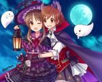  2girls black_gloves brown_eyes brown_hair cape commentary_request elbow_gloves eyebrows eyebrows_visible_through_hair fake_horns fingerless_gloves full_moon ghost gloves halloween_costume hat holding_lantern honda_mio idolmaster idolmaster_cinderella_girls long_hair looking_at_viewer mini_hat moon multiple_girls one_eye_closed open_mouth short_hair takamori_aiko tayu_(yuntayu) trick_or_treat twitter_username witch_hat 
