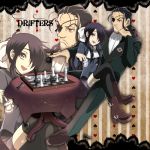  androgynous beard black_hair blue_eyes board_game chess ciel_phantomhive ciel_phantomhive_(cosplay) copyright_name drifters eyepatch facial_hair fujiwara_riyu full_body hair_over_one_eye hair_ribbon kuroshitsuji long_hair looking_at_viewer male_focus nasu_no_yoichi oda_nobunaga_(drifters) open_mouth ponytail ribbon sebastian_michaelis sebastian_michaelis_(cosplay) sitting sitting_on_person smile 