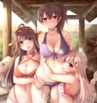  3girls :d ahoge ass_visible_through_thighs assisted_exposure bangs bare_shoulders bikini blush breasts brown_hair cleavage clenched_hand closed_mouth collarbone commentary_request criss-cross_halter day double_bun embarrassed eyebrows eyebrows_visible_through_hair fence frilled_bikini frills hair_flaps hair_ornament hairclip halter_top halterneck hand_on_another&#039;s_thigh head_tilt hug kaga_(kantai_collection) kantai_collection kongou_(kantai_collection) large_breasts legs_apart long_hair looking_at_viewer multi-strapped_bikini multiple_girls navel nicoby onsen open_mouth plant polka_dot purple_bikini red_bikini red_eyes rock shade side-tie_bikini side_ponytail silver_hair smile steam stomach string_bikini swimsuit untied untied_bikini violet_eyes water yellow_eyes yuudachi_(kantai_collection) 