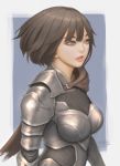  1girl 2016 armor black_hair breastplate cape gauntlets geo_siador knight lips looking_to_the_side metal nose original short_hair solo spaulders upper_body vambraces white_border 
