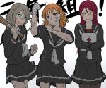  &gt;:) 3girls ahoge bandaged_hands bandaid bandaid_on_face bandaid_on_nose bangs baseball_bat black_serafuku black_skirt blue_eyes bow braid bruise bruise_on_face clenched_hand clover_hair_ornament cowboy_shot delinquent first_aid_kit flexing grey_hair grin hair_bow hair_ornament hand_on_own_shoulder highres injury kougi_hiroshi long_hair long_sleeves love_live! love_live!_sunshine!! multiple_girls neckerchief orange_hair over_shoulder pantyhose pose red_eyes redhead sakurauchi_riko school_uniform serafuku short_hair side_braid skirt sleeves_pushed_up smile sweatdrop takami_chika torn_clothes watanabe_you weapon weapon_over_shoulder yellow_bow yellow_eyes 