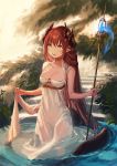  1girl 4th :d breasts brown_hair cleavage dress highres holding holding_staff horns long_hair open_mouth original pointy_ears see-through sleeveless sleeveless_dress smile solo staff tail teeth very_long_hair water wet wet_clothes white_dress yellow_eyes 