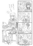  2girls 4koma apron bbb_(friskuser) blush chair closed_eyes comic eating food fork girls_und_panzer hands_on_own_face highres itsumi_erika knife monochrome multiple_girls nishizumi_maho plate school_uniform smile table translation_request 