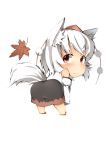  1girl :3 ass bare_shoulders bent_over blush chibi detached_sleeves eyebrows fang fang_out from_behind hat highres inubashiri_momiji leaf looking_at_viewer maple_leaf pom_pom_(clothes) red_eyes sandals shishi_juuroku short_hair solo tail thick_eyebrows tokin_hat touhou white_hair wolf_tail 