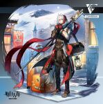  1boy arknights bishounen elysium_(arknights) english_text full_body gloves highres lantern luggage male_focus multicolored_hair outdoors pienahenggou red_gloves red_scarf redhead scarf short_hair snowing solo staff standing streaked_hair violet_eyes white_hair 