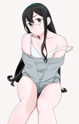  &gt;:/ 1girl alternate_costume bare_legs bare_shoulders between_legs black_hair blue_eyes breasts cleavage collarbone frown glasses hair_between_eyes hairband hand_between_legs head_tilt kantai_collection long_hair looking_at_viewer medium_breasts off-shoulder_sweater ojipon ooyodo_(kantai_collection) pout semi-rimless_glasses sitting strap_slip sweater thighs 