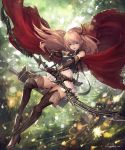  1girl :d absurdres arisa_(shadowverse) arrow bare_shoulders belt black_gloves blonde_hair boots bow_(weapon) brown_boots cape commentary_request dress elbow_gloves elf full_body gloves green_eyes hair_ribbon high_heel_boots high_heels highres holding holding_weapon long_hair looking_at_viewer official_art open_mouth pointy_ears quiver red_ribbon ribbon shadowverse smile solo tachikawa_mushimaro thigh-highs thigh_boots weapon 