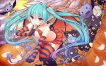  1girl aqua_hair bat candy demon_tail demon_wings elbow_gloves gloves halloween hatsune_miku highres jack-o&#039;-lantern long_hair papino pink_eyes skirt solo striped striped_gloves striped_legwear tail thigh-highs twintails very_long_hair vocaloid wings 