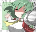  1girl ^_^ ascot bouncing_breasts breasts clenched_hand closed_eyes commentary emphasis_lines highres incoming_punch juliet_sleeves kazami_yuuka kz_oji long_sleeves medium_breasts motion_blur motion_lines plaid plaid_vest pov puffy_sleeves shaded_face short_hair smile solo touhou 