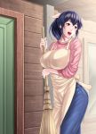  1girl apron bamboo_broom black_eyes black_hair blush breasts broom commentary_request cowboy_shot denim holding_broom jeans large_breasts long_hair long_sleeves looking_away maison_ikkoku open_mouth otonashi_kyouko pants pink_shirt ponytail rokko shirt sidelocks solo teeth 