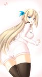 1girl ass blonde_hair blue_eyes breasts dd_(897671246) from_behind from_below highres large_breasts lexington_(zhan_jian_shao_nyu) long_hair looking_back pantylines sleeves_past_wrists solo startled thigh-highs thighs zhan_jian_shao_nyu 