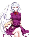  1girl bow bowtie brooch closed_mouth crossed_legs dress feathered_wings highres jacket jewelry kishin_sagume long_sleeves looking_away off_shoulder open_clothes open_jacket purple_dress red_bow red_bowtie red_eyes sheya silver_hair single_wing smile solo touhou white_background white_wings wings 