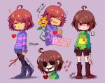  ! ahoge androgynous anger_vein ankle_boots bandaid bandaid_on_face black_blood blood blood_on_face bloody_clothes bloody_knife bloody_tears blush_stickers boots broken_heart brown_hair chara_(undertale) closed_eyes dripping english evil_smile flower flowey_(undertale) frisk_(undertale) gameplay_mechanics heart heart_necklace kneehighs knife leggings messy_hair open_mouth red_eyes sandragh shaded_face shorts smile spoilers stick striped striped_sweater sweater thorns twitter_username undertale watermark web_address 