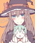  1girl animal_ears aqua_eyes aqua_hair bell blush brown_hair commentary english hair_ornament hairclip hat jingle_bell kantai_collection kumano_(kantai_collection) kvlen long_hair looking_at_viewer open_mouth smile suzuya_(kantai_collection) upper_body witch witch_hat 