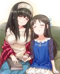  2girls :o artist_request bangs black_hair blue_blouse blue_skirt book bow brown_hair couch hair_bow hair_over_eyes hair_ribbon hairband head_tilt holding_hands idolmaster idolmaster_cinderella_girls long_hair multiple_girls off-shoulder_sweater on_couch plaid ribbed_sweater ribbon sagisawa_fumika shawl side-by-side sitting skirt sleeping smile sweater tachibana_arisu white_skirt 