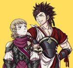  2boys annoyed arm_on_shoulder armor artist_request bell black_armor blonde_hair brown_hair cape fire_emblem fire_emblem_if grey_eyes grin headband height_difference japanese_clothes multiple_boys muscle one_eye_closed pectorals pout puffy_sleeves red_eyes sash shinonome_(fire_emblem_if) short_hair siegbert_(fire_emblem_if) simple_background smile spiky_hair yellow_background 