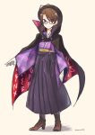  1girl boots brown_eyes brown_hair cape cross-laced_footwear glasses hakama hat high_heel_boots high_heels japanese_clothes kaede_(mmkeyy) kimono lace-up_boots low_twintails meiji_schoolgirl_uniform short_twintails smile touhou twintails usami_sumireko 
