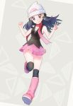  1girl :&gt; beanie black_legwear blue_eyes blue_hair boots clenched_hand full_body hair_ornament hairclip hat hikari_(pokemon) kneehighs kurochiroko long_hair miniskirt pink_boots pink_skirt pokemon pokemon_(game) pokemon_dppt red_scarf scarf shirt skirt sleeveless sleeveless_shirt smile solo v walking 