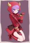  1girl boots fake_horns gloves high_heel_boots high_heels hood horned_headwear kagari_(pokemon) kagari_(pokemon)_(remake) kneeling kurochiroko looking_at_viewer pokemon pokemon_(game) pokemon_oras purple_hair ribbed_sweater short_hair simple_background smile solo sweater team_magma uniform violet_eyes 