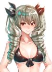  1girl anchovy bikini_top breasts cleavage drill_hair girls_und_panzer hair_ribbon long_hair looking_at_viewer red_eyes ribbon shiny shiny_skin simple_background smile solo standing twintails upper_body zucchini 