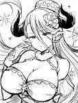 1girl :o bare_shoulders breasts cleavage doraf flower fur_collar gloves granblue_fantasy hair_between_eyes hair_flower hair_ornament halterneck hat highres horns izmir kanno_takanori large_breasts long_hair mole mole_under_mouth monochrome open_mouth pointy_ears simple_background snowflakes solo white_background 