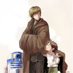  2boys ben_solo brown_hair child cloak closed_eyes looking_at_another luke_skywalker male_focus matsuri6373 multiple_boys r2-d2 robot signature star_wars younger 