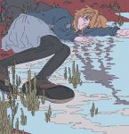  1girl blonde_hair blue_eyes expressionless foreshortening grass hood hoodie lake limited_palette lying muted_color pantyhose partially_submerged perspective red_soil reflection riverbank rock shoes sketch skirt smr03 solo urotsuki yume_2kki 
