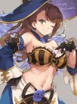  1girl bare_shoulders beatrix_(granblue_fantasy) between_breasts bikini_top black_gloves blush breasts brown_eyes brown_hair card card_between_breasts cleavage commentary_request detached_collar detached_sleeves gloves gou_(ga673899) granblue_fantasy hand_on_hip happy_halloween hat large_breasts long_hair looking_at_viewer navel one_eye_closed ponytail smile solo striped_bikini_top witch_hat 