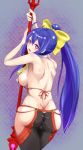  1girl antenna_hair ass backless_outfit bangs bare_shoulders black_pants blazblue blazblue:_central_fiction blazblue_variable_heart blue_hair blush bow breasts butt_crack cowboy_shot embarrassed fingerless_gloves from_behind genderswap genderswap_(mtf) gloves hair_between_eyes hair_bow hair_ribbon halter_top halterneck highres holding holding_weapon large_breasts leaning_forward leaning_on_object long_hair looking_at_viewer looking_back lowleg lowleg_pants mai_natsume no_bra no_panties open_mouth orca8303 outseal pants polearm ponytail revealing_clothes ribbon shiny shiny_hair shiny_skin sideboob sidelocks smile solo spear standing very_long_hair violet_eyes weapon yellow_bow 