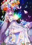  bangs blooming breasts butterfly choker copyright_name dress flower gown grin head_wreath highres kanola_u large_breasts lavender_hair long_hair looking_at_viewer magic navel night night_sky plant_on_head qurare_magic_library rock sitting sky smile sparkle star_(sky) starry_sky thigh_strap very_long_hair violet_eyes watermark wrist_cuffs 