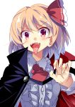  &gt;:d 1girl :d ascot blonde_hair blush breasts cape claw_pose collared_shirt dress_shirt e.o. fangs frilled_shirt frills hair_ribbon halloween highres medium_breasts open_mouth red_eyes ribbon rumia shirt short_hair smile solo tongue tongue_out touhou vampire_costume 