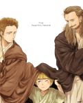  3boys anakin_skywalker beard blonde_hair brown_hair cloak copyright_name facial_hair jedi matsuri6373 multiple_boys obi-wan_kenobi ponytail qui-gon_jinn star_wars younger 