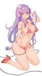 1girl asamiya_athena bikini breasts collar full_body gloves hairband high_heels kneeling long_hair looking_at_viewer medium_breasts micro_bikini microphone navel open_mouth psycho_soldier purple_hair red_bikini red_shoes shoes side-tie_bikini simple_background solo swimsuit the_king_of_fighters uniskie_saabunrou v white_background yellow_eyes 