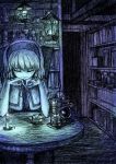  1girl alice_margatroid book bookshelf candle chin_rest closed_eyes commentary_request cup doll gradient hairband highres interior lantern sitting sketch smile solo spoon table taguchi_kirei teacup teaspoon touhou 