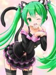  1girl animal_ears axent_wear black_legwear black_skirt cat_ears cat_tail collarbone fake_animal_ears fang frilled_skirt frills garter_straps green_eyes green_hair hair_ornament hatsune_miku headphones highres long_hair looking_at_viewer midriff one_eye_closed open_mouth paw_pose skirt solo tail thigh-highs twintails vocaloid watage_(wata) 
